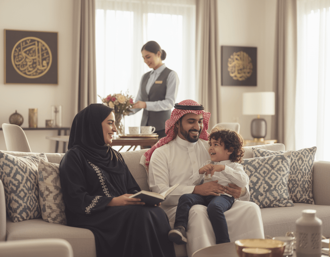 A family with a child sitting on a couch, served by a woman in a modern living room.