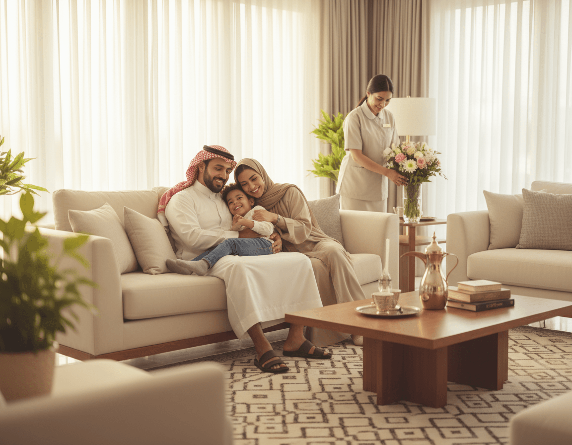 A family with a child on a sofa, as a woman in uniform brings a bouquet of flowers.