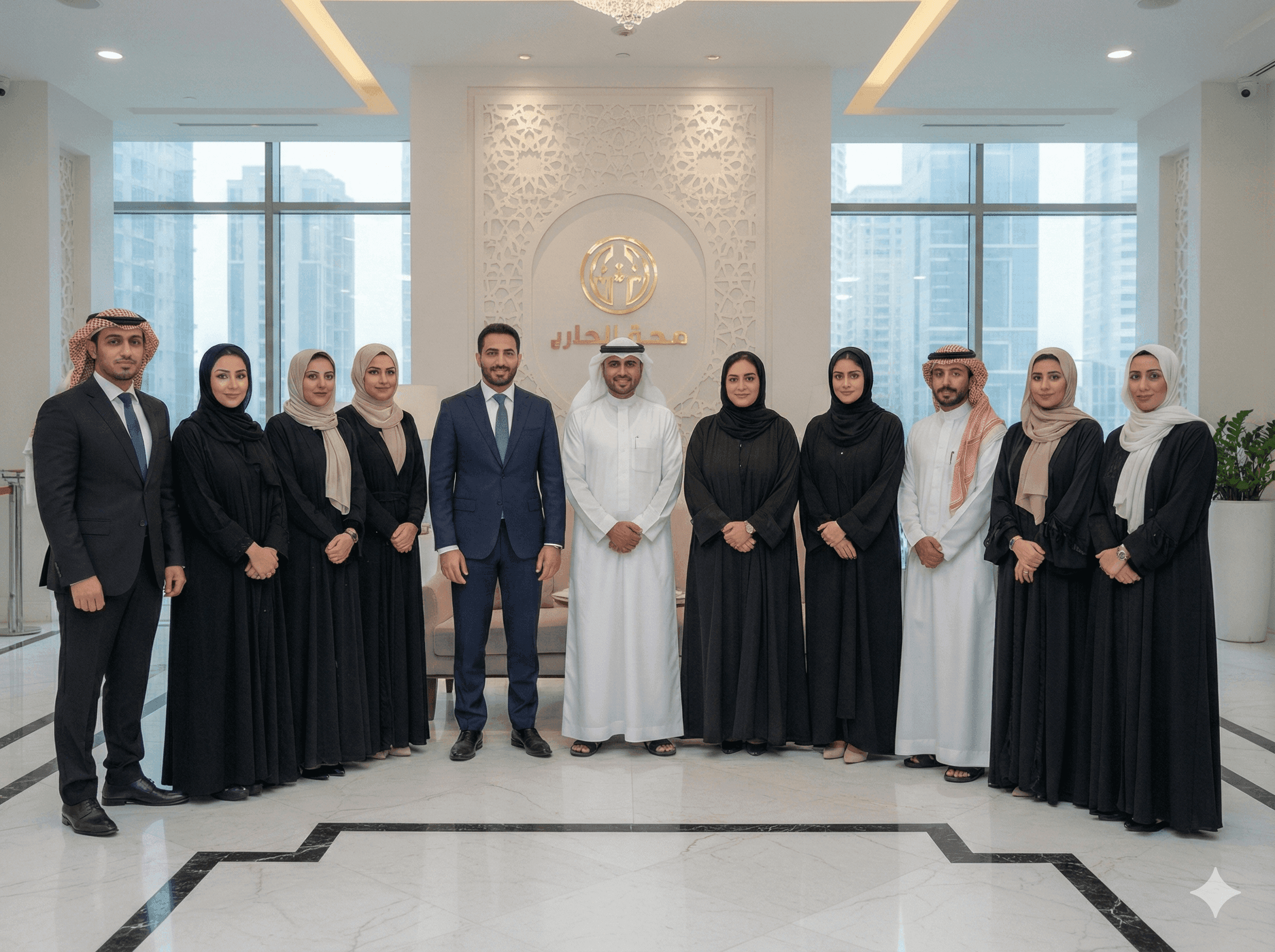 A diverse group of men and women in business attire standing together in a modern office.