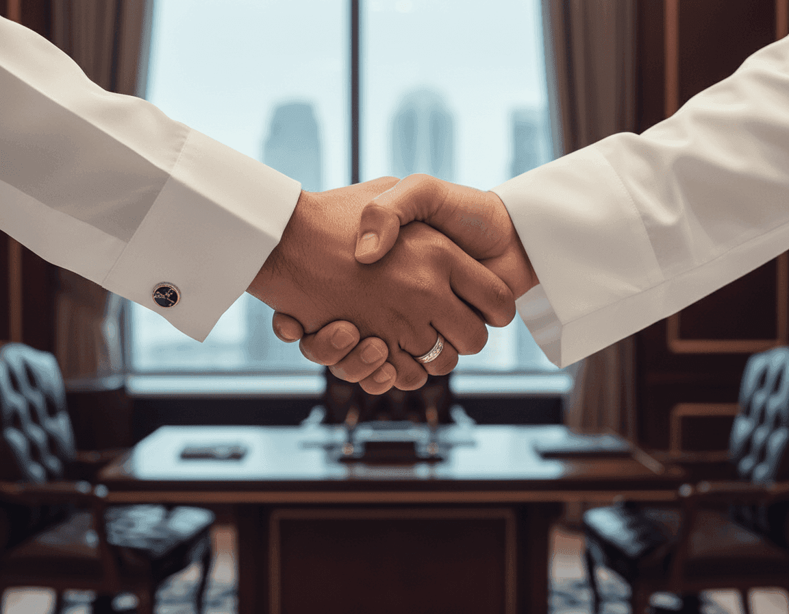 Two men in traditional attire shaking hands across a polished desk.