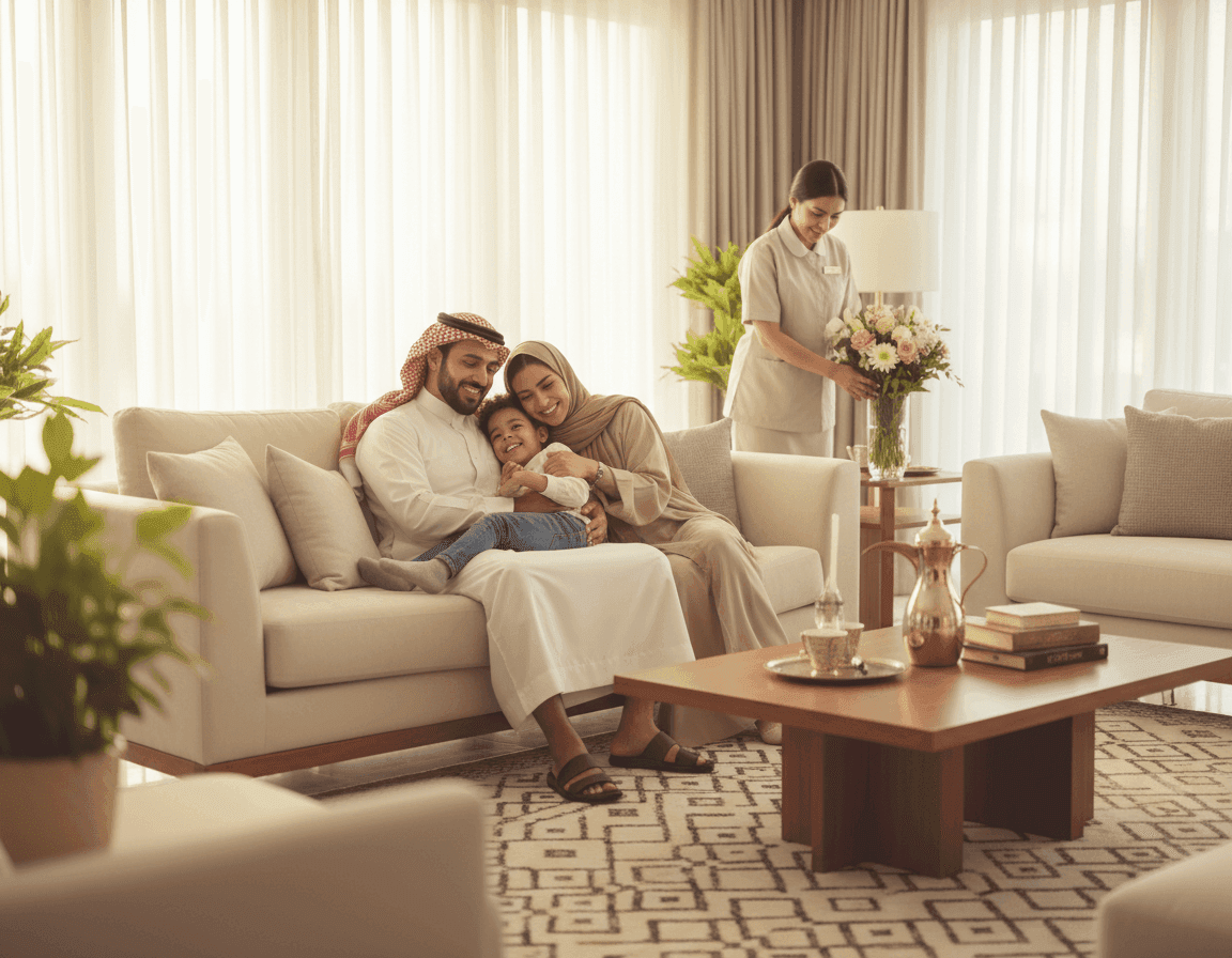A family with a child on a sofa, as a woman in uniform brings a bouquet of flowers.