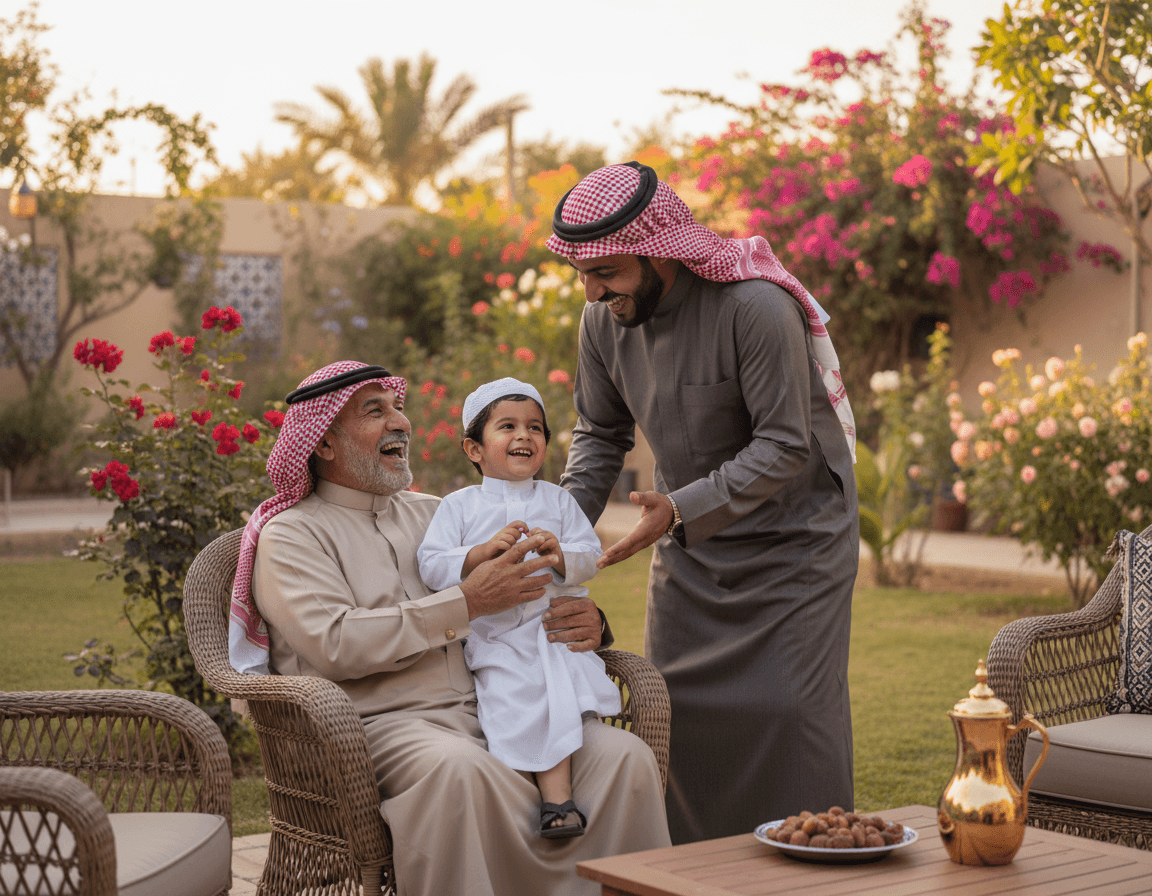 Grandfather holding a child, with another man smiling in a lush garden.