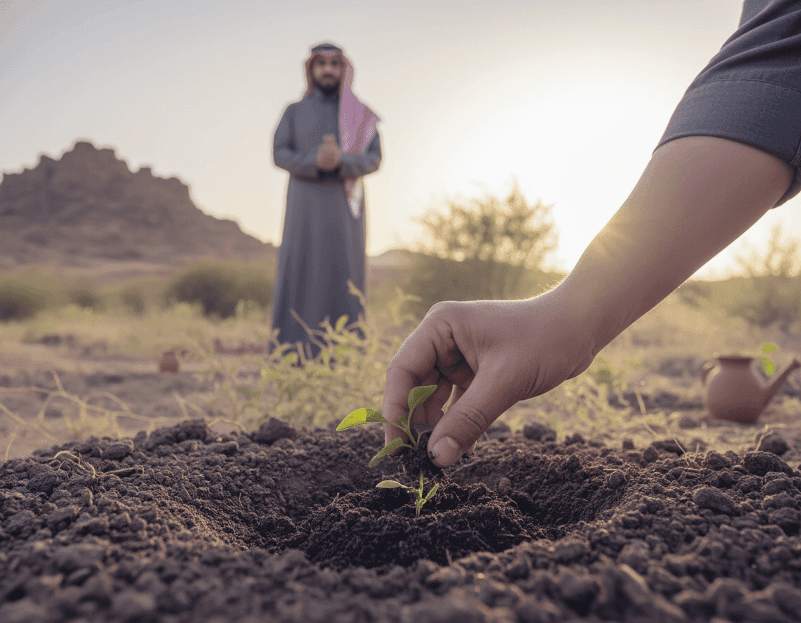 A hand planting a small green sapling in dry soil with a man watching.