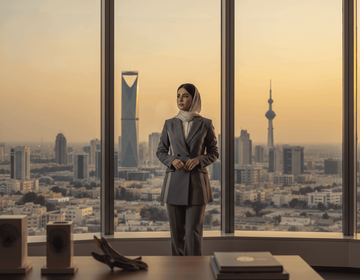 A woman in formal attire looking out at a modern city skyline from an office.