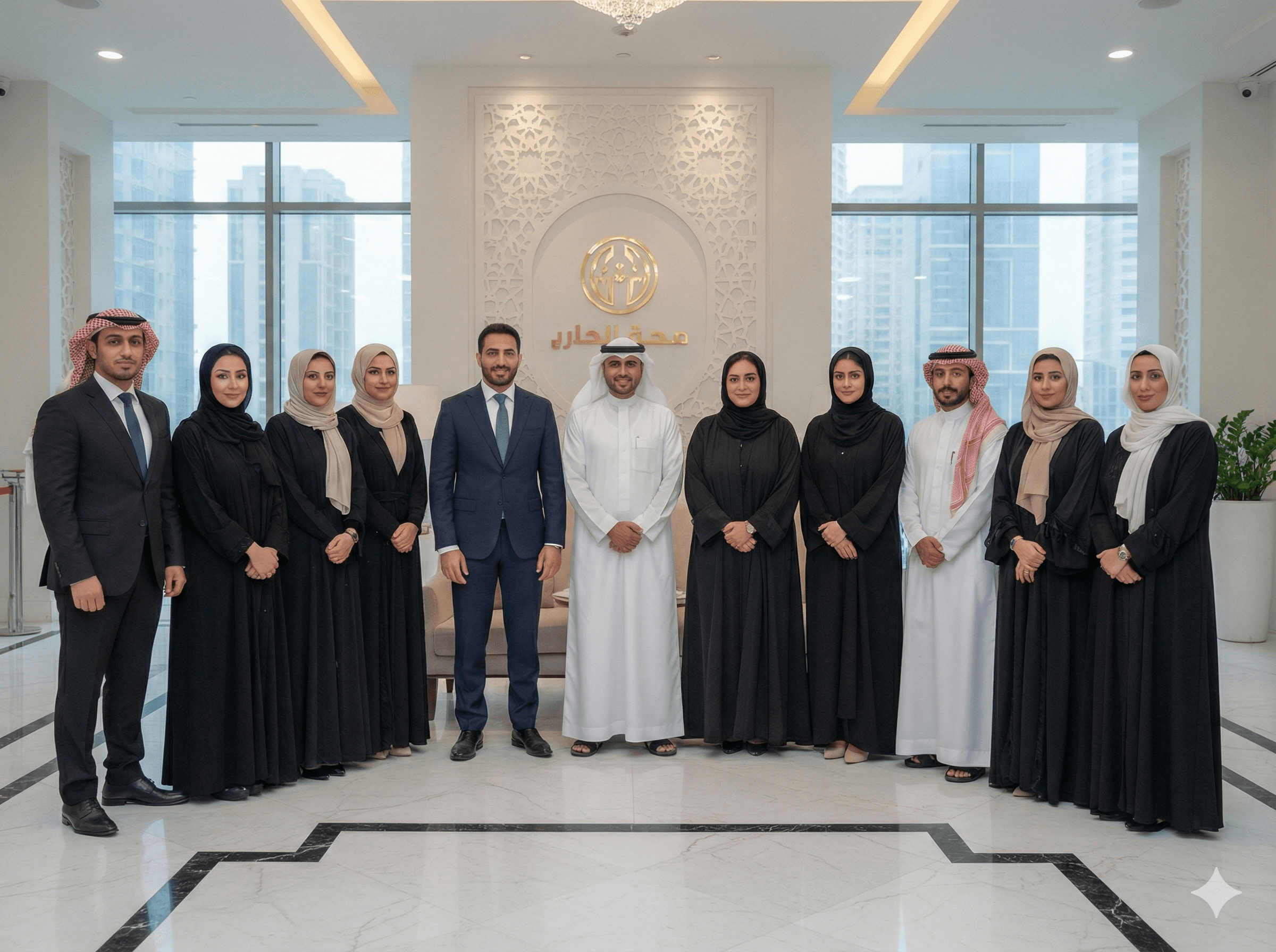 A diverse group of men and women in business attire standing together in a modern office.