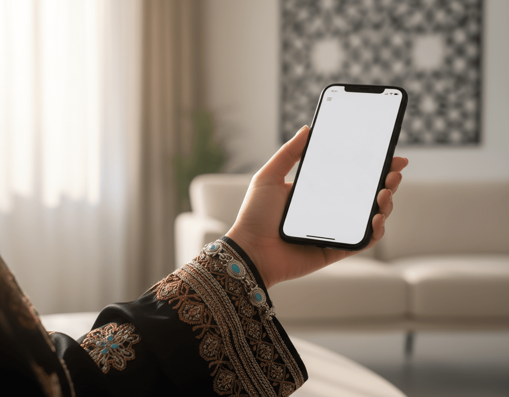 A hand adorned with traditional embroidery holding a smartphone with a blank white screen.