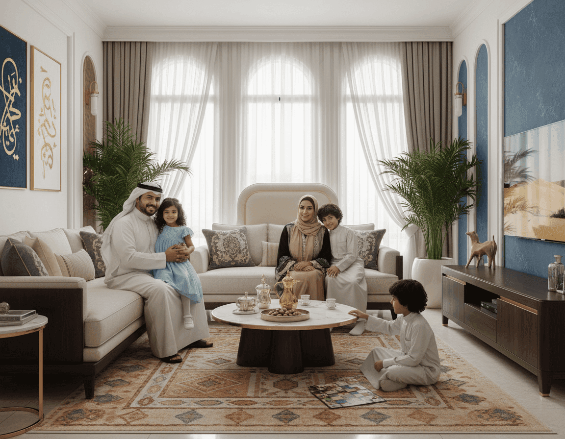 A family of four, including two children, relaxing together in a stylish living room.