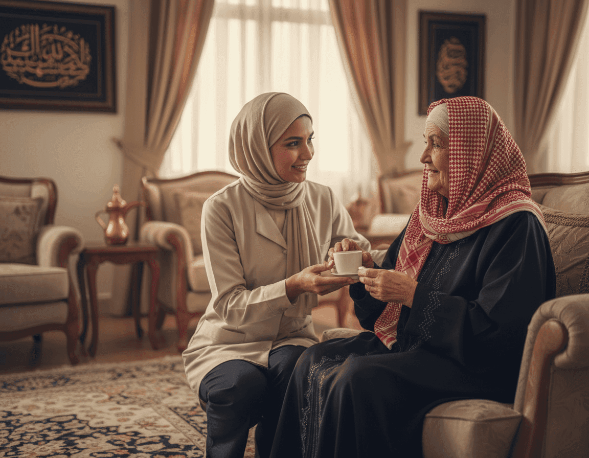 A young woman serving a cup of tea to an elderly woman in a traditional setting.