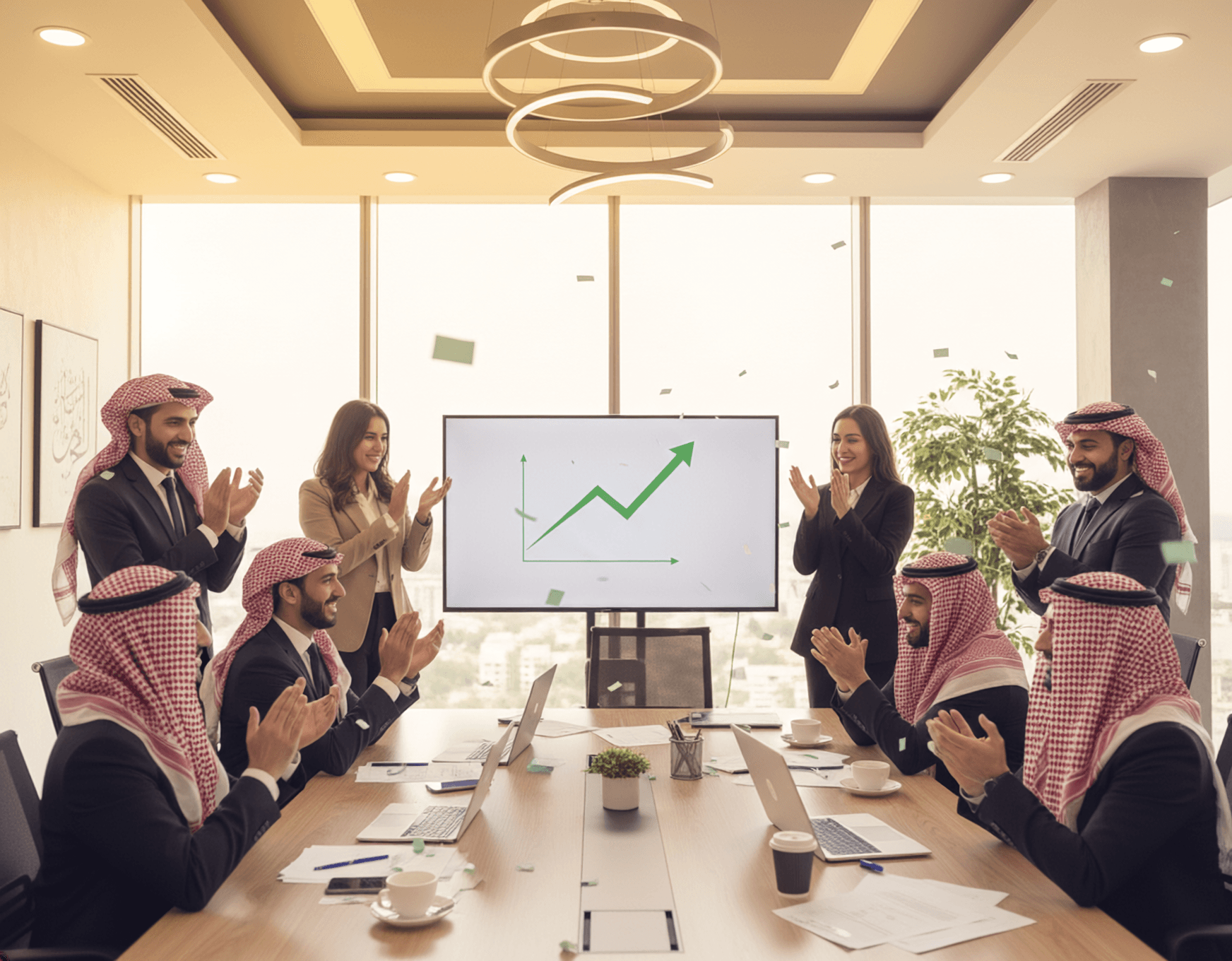 Business professionals in a meeting clapping, celebrating success shown on a large screen.