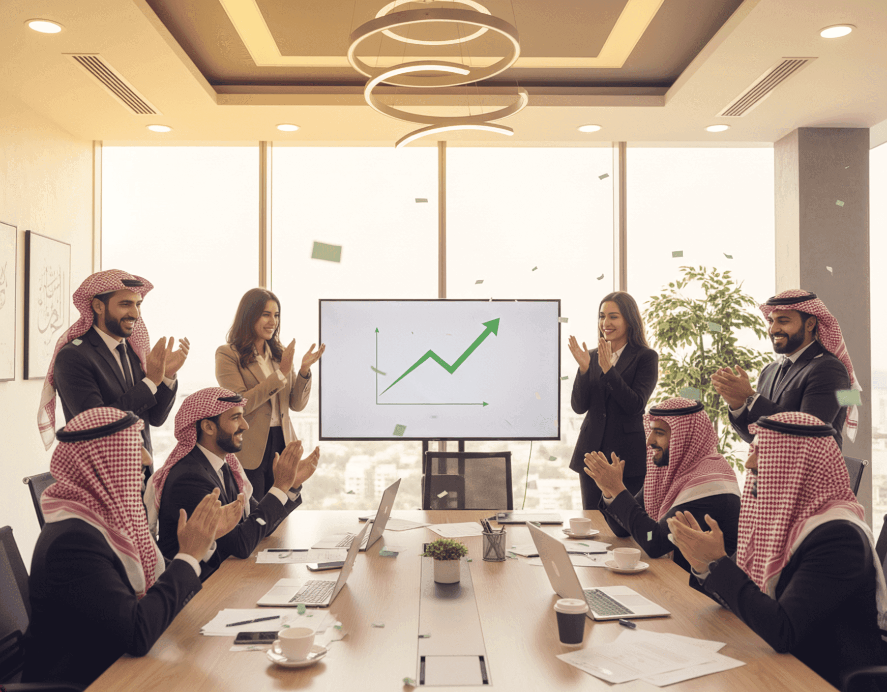 Business professionals in a meeting clapping, celebrating success shown on a large screen.