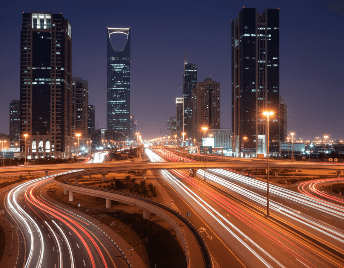 A vibrant city skyline at night with illuminated highways showing light trails.