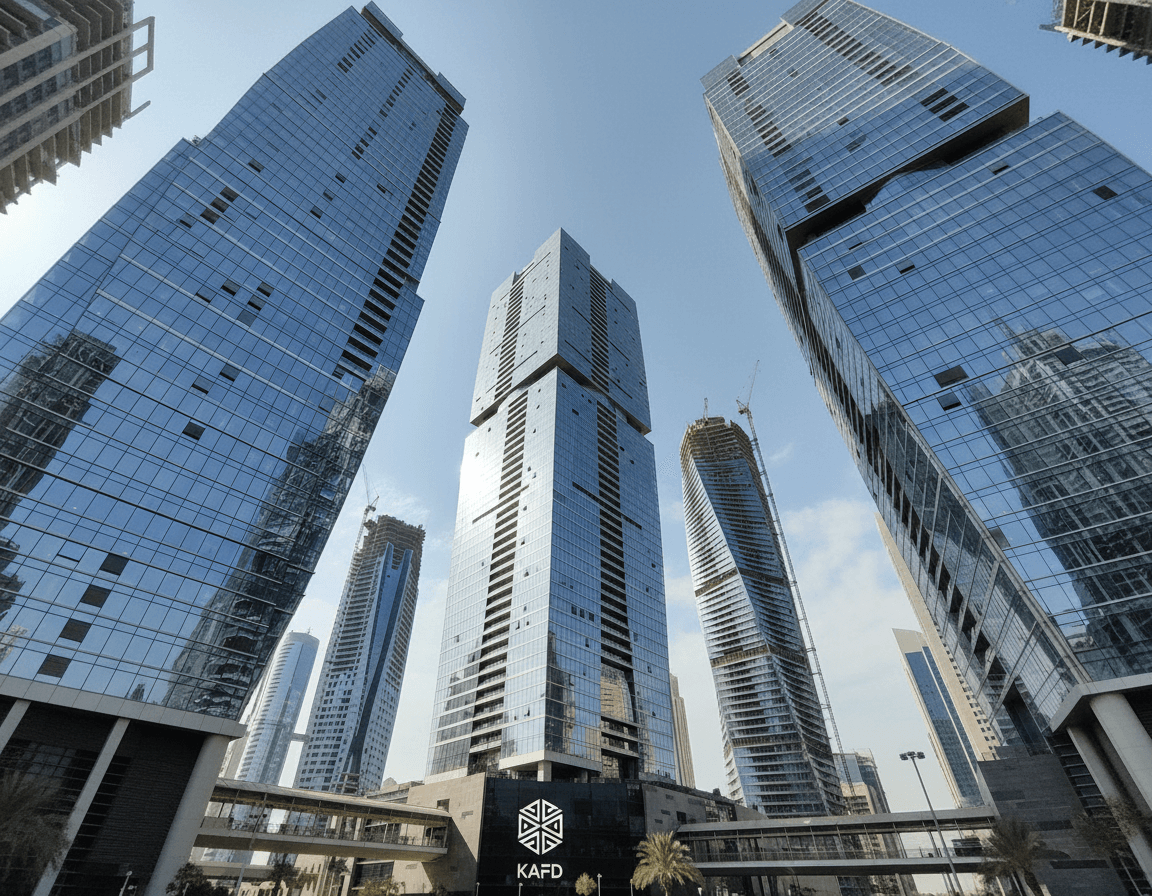 Low-angle view of towering modern skyscrapers with reflective glass facades against a blue sky.