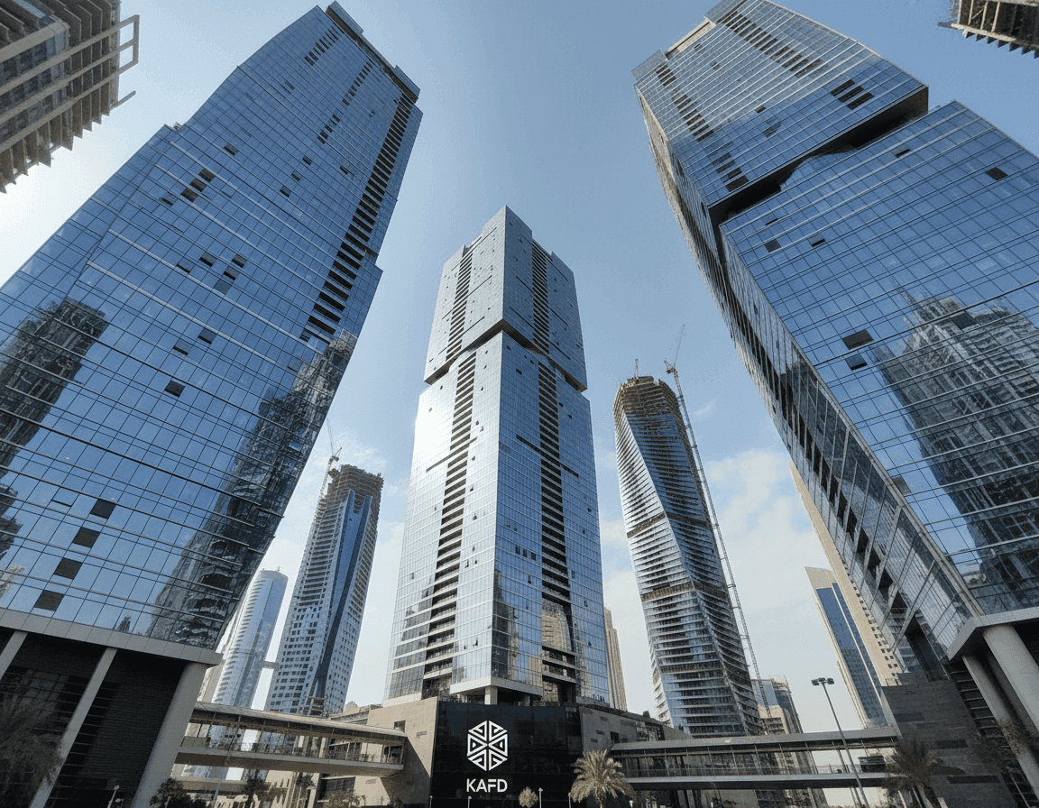 Low-angle view of towering modern skyscrapers with reflective glass facades against a blue sky.
