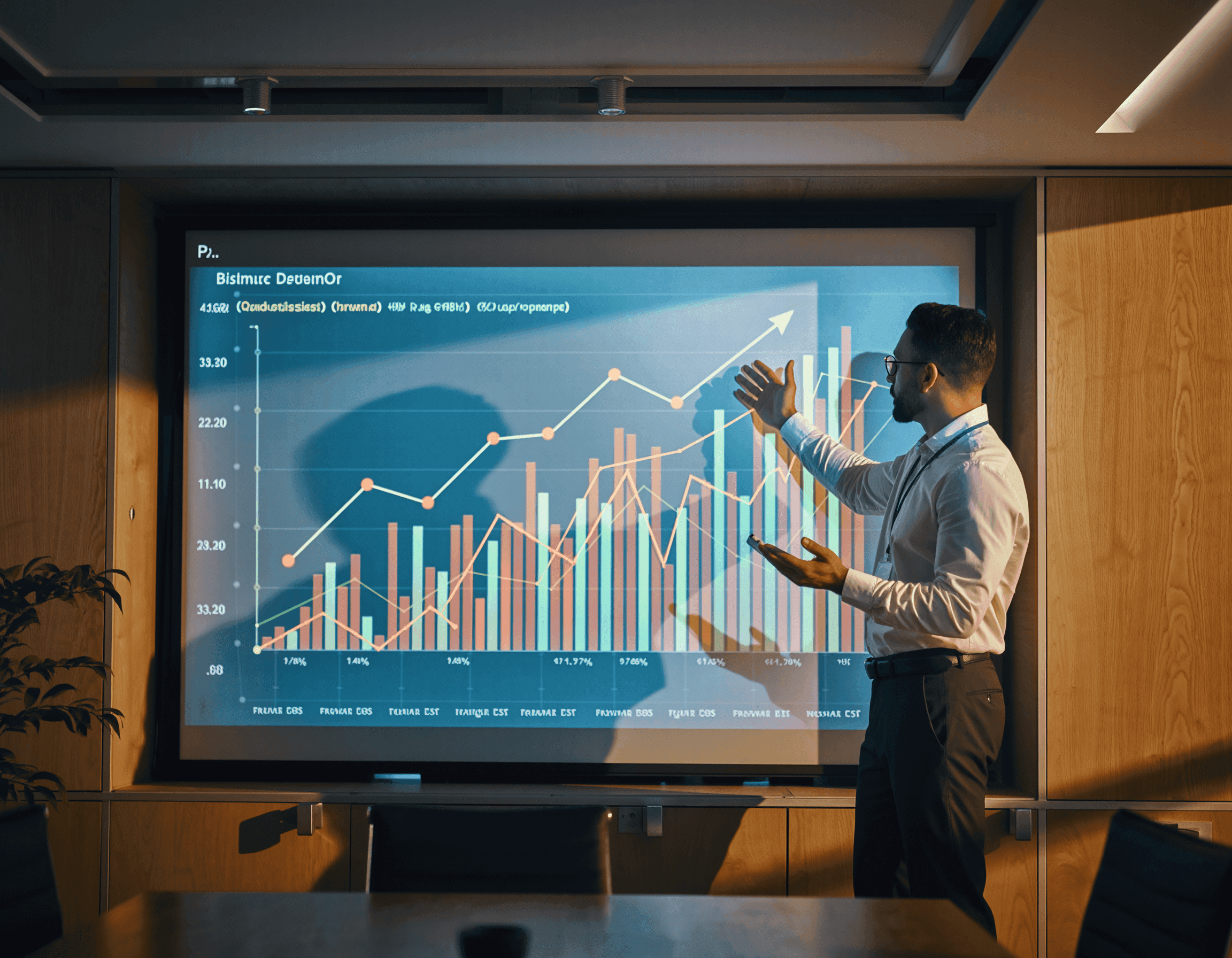 A man pointing to a large screen displaying a rising bar and line graph.